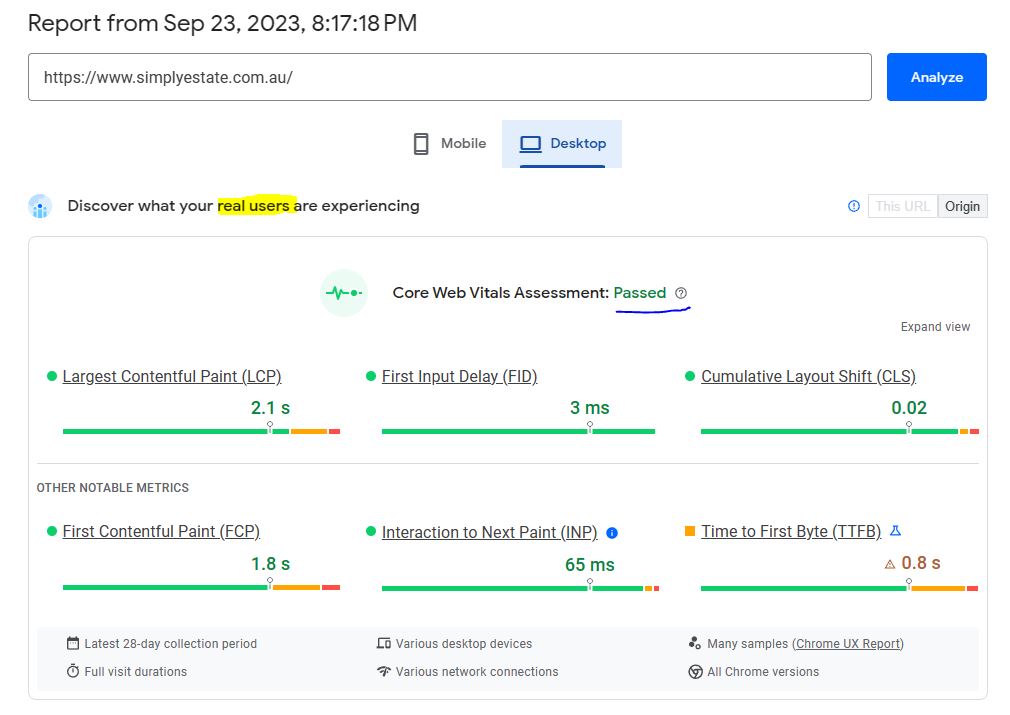 PageSpeed desktop Core Web Vitals assessment of simplyestate website