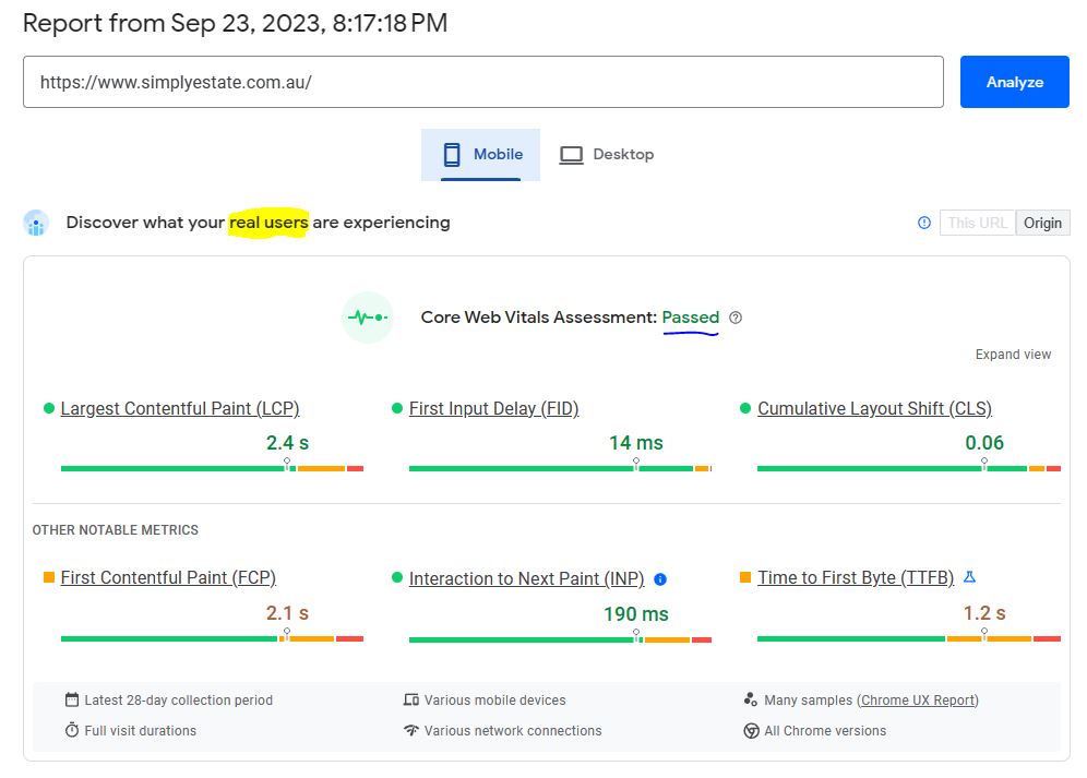 PageSpeed mobile Core Web Vitals assessment of simplyestate website